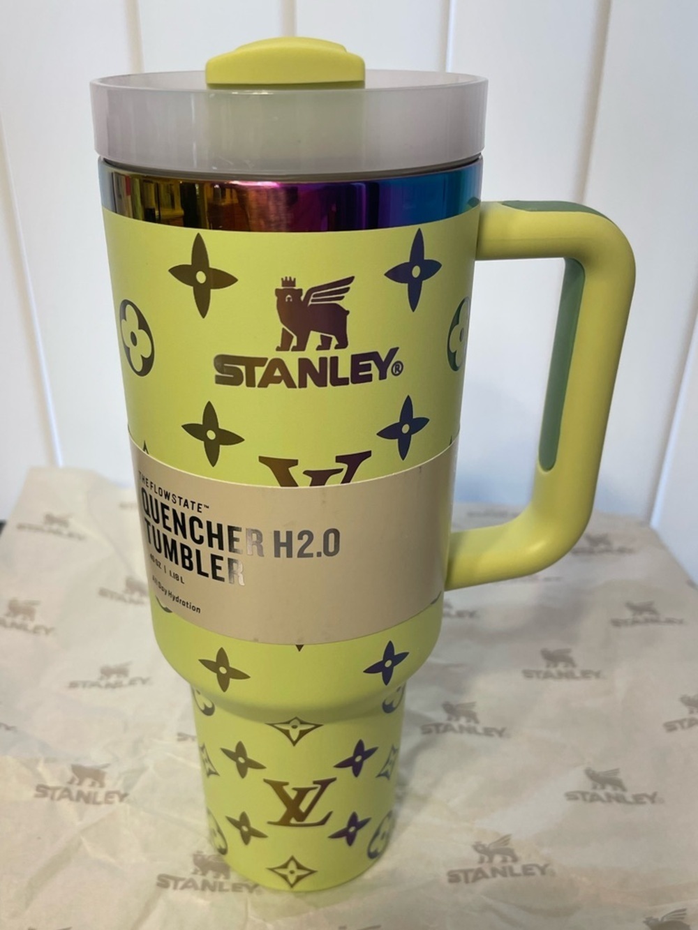 Custom Stanley Lime Green Patterned Insulated Tumbler with Handle
